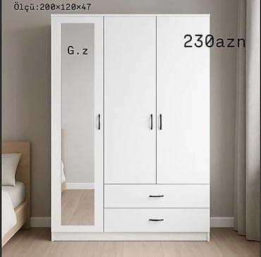 qapi bezekleri: Ağ rəngli 3 qapılı paltar şkafı - Ölçü: 200×120×47 sm (şəkildə — 1