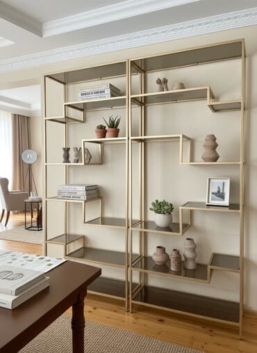 Metall çərçivəli dekorativ rəf sistemi - Stil: müasir/loft, qızılı