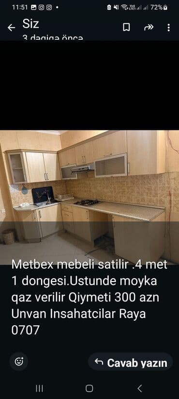ilkin odenissiz metbex mebelleri: Mətbəx mebeli dəsti - Ölçü: təxminən 4 metr, 1 dəhliz/dönge - — 1