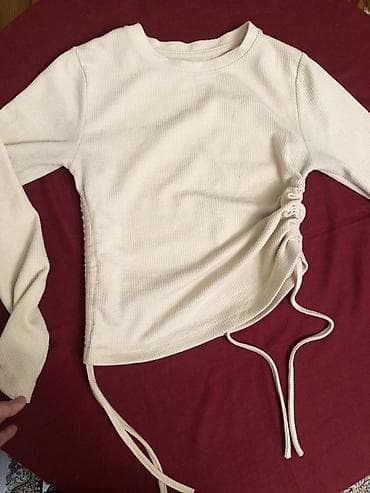 Qadın uzunqol bluz – krem/taş rəngində - Model: Yanlarda büzgülü, iplə — 6