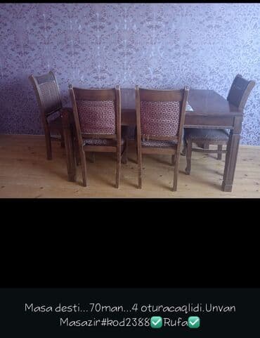tap.az stol stul ikinci el: Qonaq otağı üçün, İşlənmiş, Açılmayan, Dördbucaq masa, 4 stul — 1