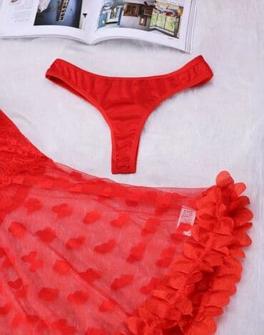 hicablilar ucun deniz geyimi: Qırmızı Şənlik Temalı Gecəlik Dəsti - Dəst: şəffaf şifon gecəlik + — 4