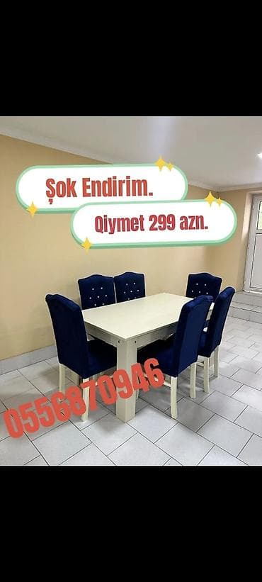 stulllar: Qonaq otağı üçün, Yeni, Açılmayan, Dördbucaq masa, 6 stul — 6