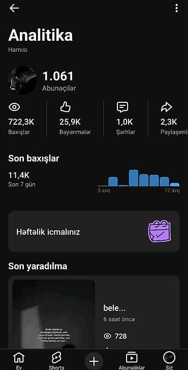 YouTube kanalının analitika göstəriciləri ilə təqdim olunur. -
