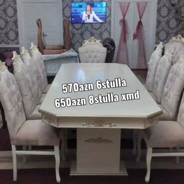 Masa və oturacaq dəstləri: Qonaq otağı üçün, Yeni, Açılmayan, Dördbucaq masa, 6 stul — 5