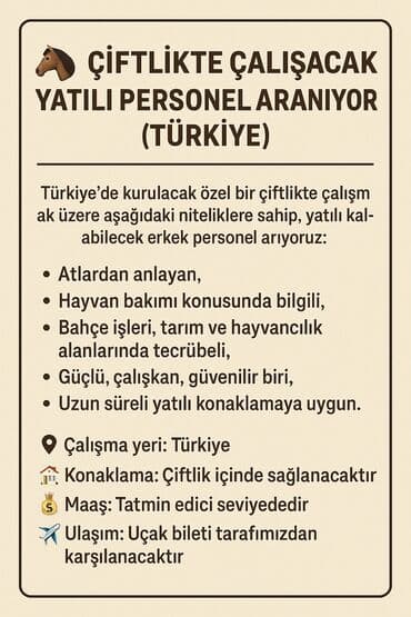 xaricde is elanlari 2024: Fermada işləmək üçün heyvanlara, xüsusilə atlara bələd olan, bağçılıq — 1