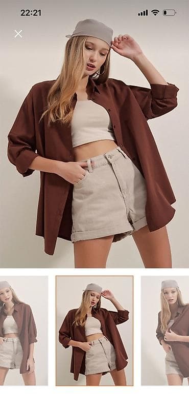 Qadınlar üçün oversayz düyməli köynək - Rəng: tünd qəhvəyi - Kəsim