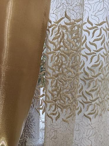 ağ tül perde: Qızılı pərdə və tül dəsti - Dəst: 2 ədəd qızılı, parıltılı qalın — 2