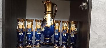 mavi ladin: Qızılı-naxışlı mavi şüşə servis dəsti - Tərkibi: 1 ədəd sürahi və 6 — 2
