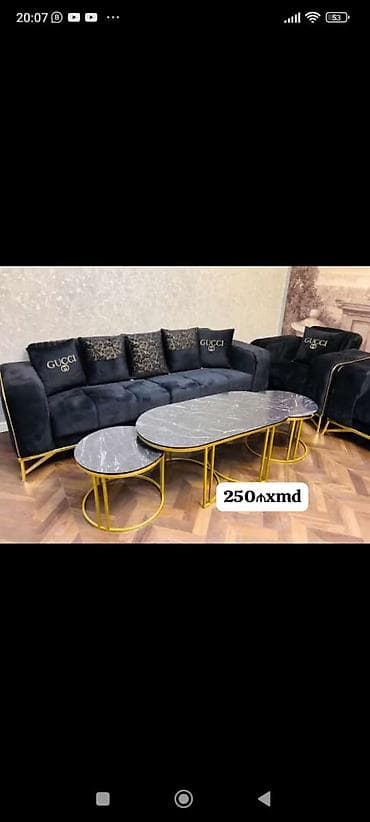 dekor masa: Qonaq otağı üçün üçlü sehpə dəsti - Dizayn: Qara mərmər naxışlı — 1