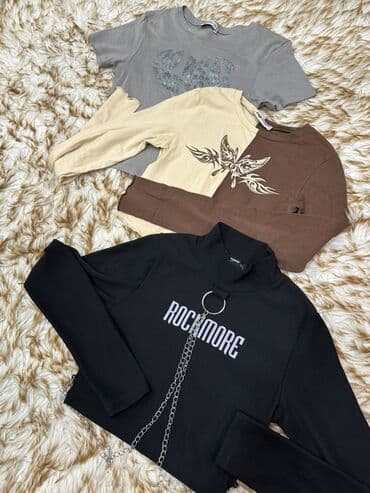 Женская одежда: Qadın üst geyimləri dəsti – 3 ədəd crop top - Qara, uzunqol, yüksək — 1