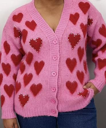 jordan jaket: Qadın kardiqanı – ürək naxışlı - Rəng: çəhrayı fon üzərində qırmızı — 3
