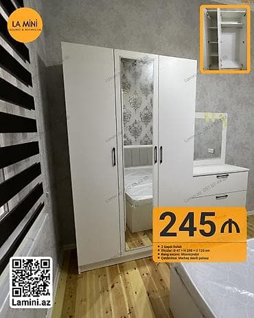 3 qapılı, Güzgülü, Ağ, Açılan, Düz dolab