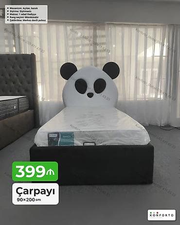 Panda başlıqlı uşaq çarpayısı – 90×200 sm - Dizayn: Yumşaq başlıq — 1