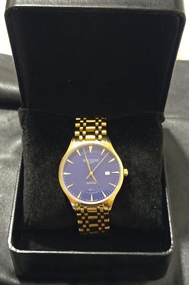 iphone saatlari: Qızılı rəngli kişi qol saatı – mavi siferblatlı, klassik üslub - — 2