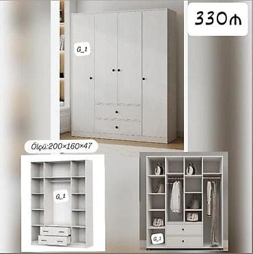 divan olcusu: Ağ rəngli 4 qapılı paltar dolabı - Ölçü: 200×160×47 sm (şəkildə — 1
