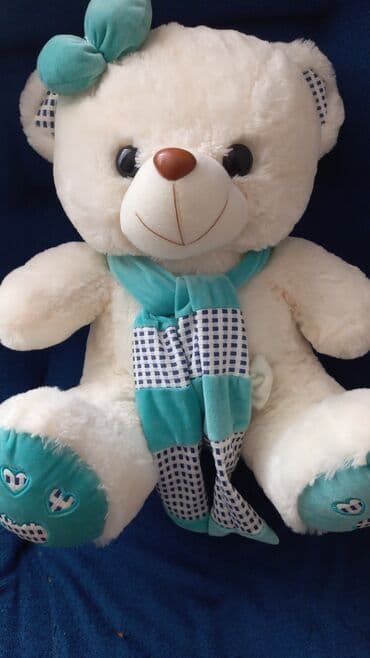 at oyuncaqlari: Böyük ölçülü yumşaq ayı oyuncağı - Rəng: ağ gövdə, firuzəyi — 1