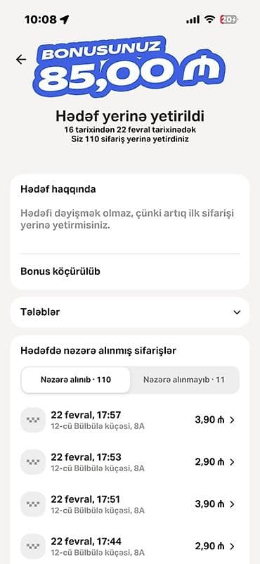 Xidmət: Sürücü-tərəfdaş hesabı üzrə yığım bonusu təsdiqi ekranı