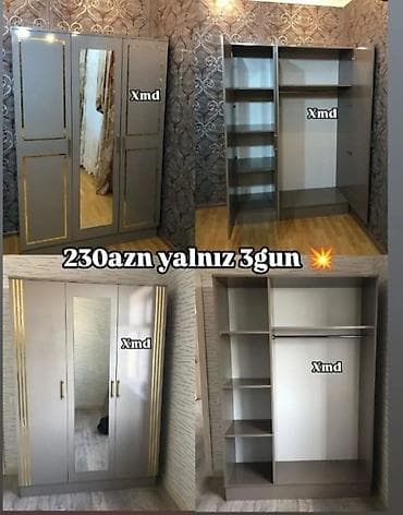 kitap refi: Yeni, 3 qapılı, Güzgülü, Boz, Digər material, Açılan, Düz dolab — 1