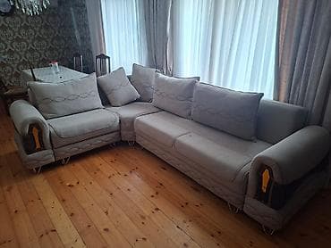 kreditle kunc divanlar: Künc divan dəsti – krem/boz rəngli, yumşaq məxməri/parça üzlüklə - — 3