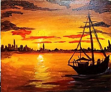 qara wekil: Məhsul: Orijinal rəsm tablosu – Gün batımı mənzərəsi, siluet şəhər — 1