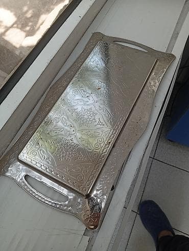 Metall tepsi – dekorativ naxışlı, düzbucaqlı formalı, iki tərəfdən — 3
