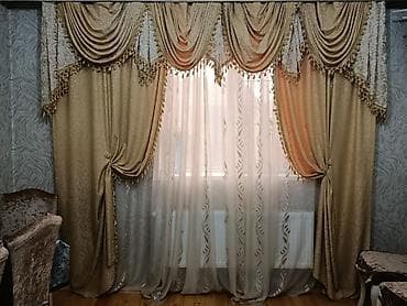 perde ucuz: Klassik üslubda pəncərə pərdələri dəsti - Rəng: qızılı-bej tonlarda — 2