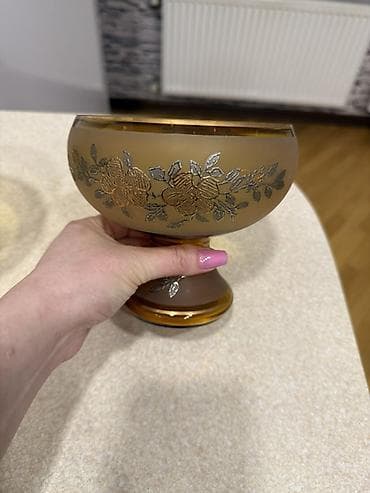 meyve qabı: Qızılı naxışlı şüşə qolba-bokal dəsti (2 ədəd) - Material: qalın şüşə — 3