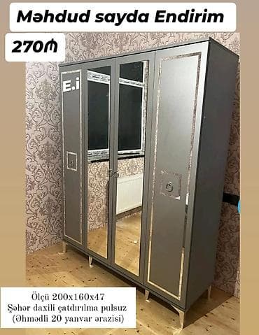 dolab termo: Dörd qapılı güzgülü şkaf - Rəng: boz, dekorativ naxış çərçivələri ilə — 1