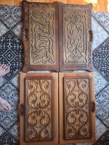 nimce: Əl işi olan, üzərində oyma naxışlar olan dörd ədəd taxta nimçə. Hər — 1