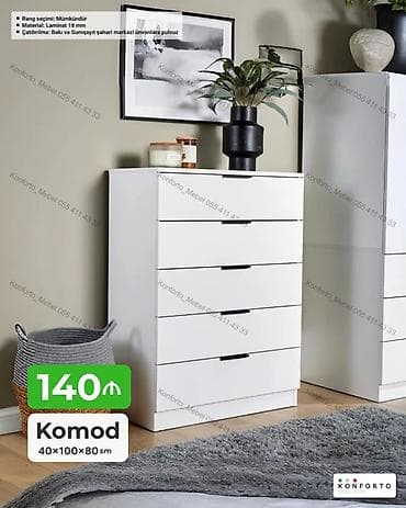 komod satilir: Ağ rəngdə komod - Ölçü: 40×100×80 sm - Material: 18 mm laminat - — 1