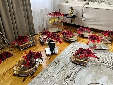 dekor masa: Dekorativ güzgülü şamadan/tray dəsti – qızılı metallik çərçivə — 2