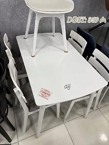 masa kafe: Ağ rəngdə yemək masası və stul dəsti. Dəstdə düzbucaqlı formalı, hamar — 1