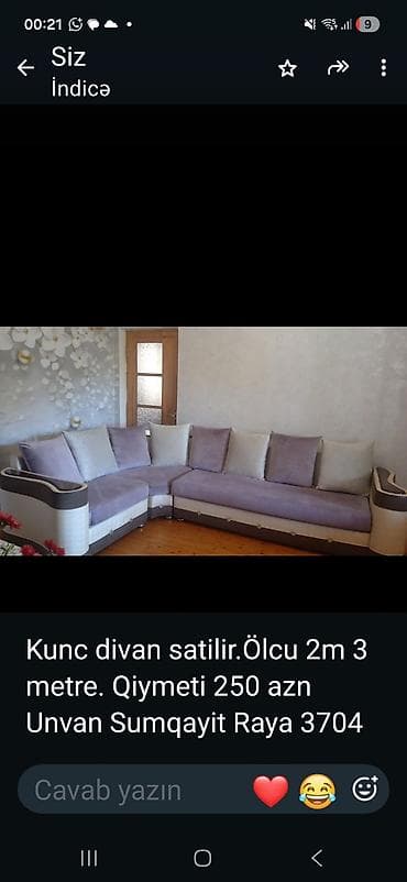 raya 40k: Künc divan - Ölçü: 2 m x 3 m - Rəng: bənövşəyi və krem tonlarında - — 1