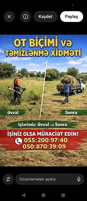 Ручная работа на заказ: Ot biçimi və təmizlənmə xidməti - Həyət, bağ, torpaq sahəsi və boş — 1