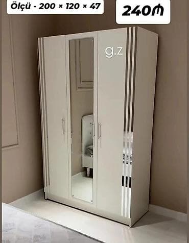 Yeni, 3 qapılı, Güzgülü, Ağ, Digər material, Açılan, Düz dolab