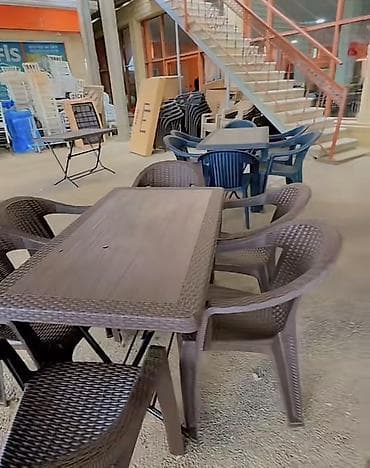 restoran stullari: Dördbucaq masa, 6 stul, Açılmayan, Stullar ilə, Plastik — 1
