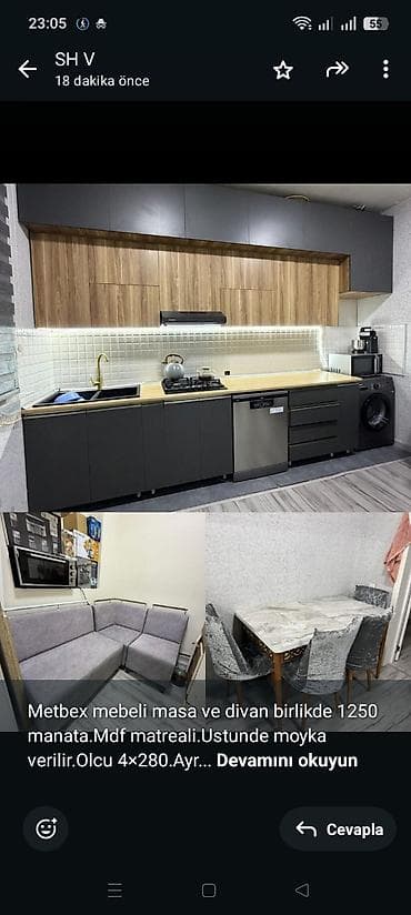 metbex divani satilir: Metbex mebeli masa ve divan birlikde 1250 manata.Mdf matreali.Ustunde — 1