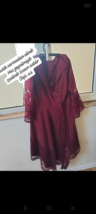 dini geyim: Bordo rəngli zərif don. Dizayn: V-yaxa, beldən oturan kəsim, krujeva — 1
