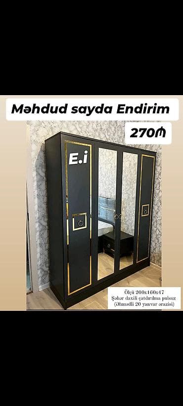 Yeni, 3 qapılı, Güzgülü, Qara, Açılan, Düz dolab