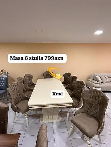 Yemək otağı üçün dəst: masa + 6 stul - Masa: dikdörtqan formalı, krem