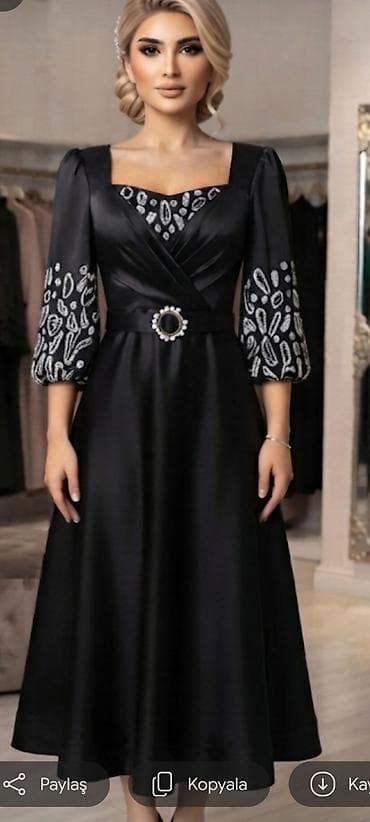 qaqa stil: Zərif qara ziyafət geyimi 44 ölçü - Model: midi uzunluqda, A-kəsim — 1