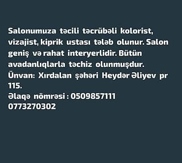 stomatologiya tibb bacisi: Gözəllik salonu üçün iş elanı Xırdalanda yerləşən geniş və rahat — 1