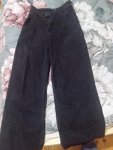 Cinslər: Qara rəngli geniş kəsim cins şalvar - Rəng: tünd/qara - Model: yüksək — 1