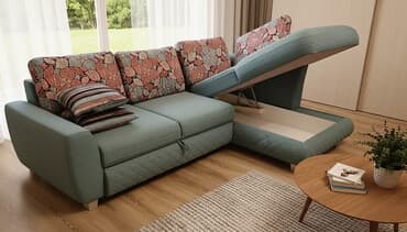 кожаный диван: Угловой диван, Б/у, Раскладной, С подъемным механизмом, Ткань, Нет доставки — 2