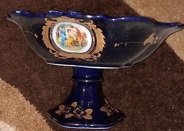 xonca aksesuarları: Kobalt-mavi rəngdə porselen meyvə/şirniyyat vazası (pedestal qab) — 2