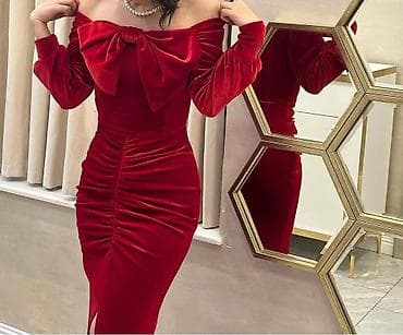 Qırmızı məxmər libas - Model: of-shoulder (açıq çiyinli) dizayn - Üst