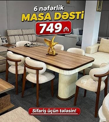 stol destleri: 6 nəfərlik masa dəsti - Komlekt: 1 ədəd yemək masası + 6 ədəd stul - — 1