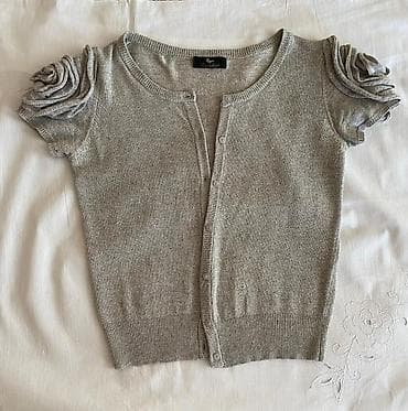 ag jaket: Qısaqol kardiqan – boz rəng - Model: qısaqol, qısa uzunluq (cropped — 3