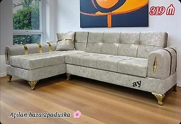 Künc divan dəsti – açılan baza, 2 ədəd paduşka ilə - Model: L‑şəkilli